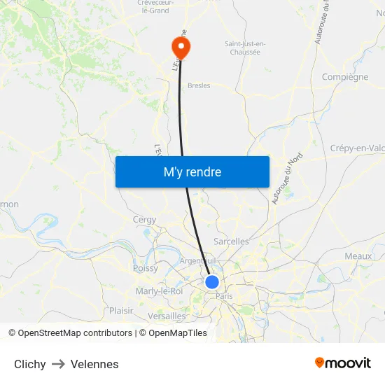Clichy to Velennes map