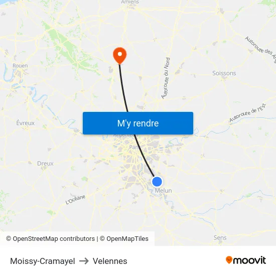 Moissy-Cramayel to Velennes map