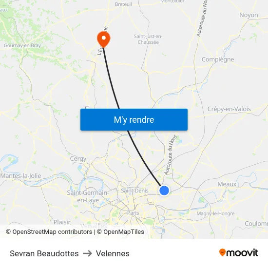 Sevran Beaudottes to Velennes map