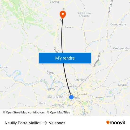 Neuilly Porte Maillot to Velennes map