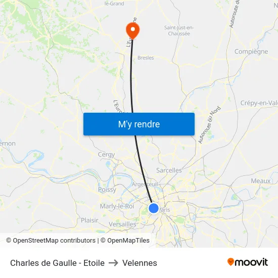 Charles de Gaulle - Etoile to Velennes map