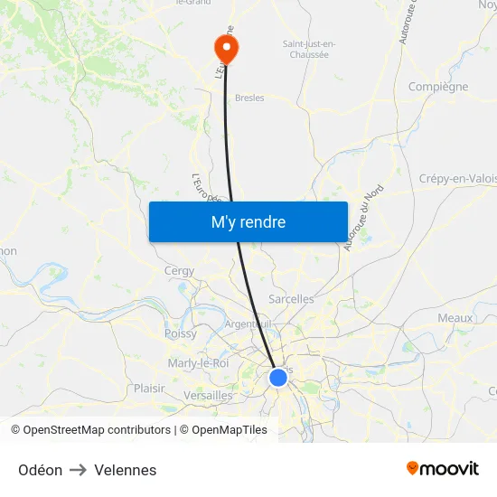 Odéon to Velennes map