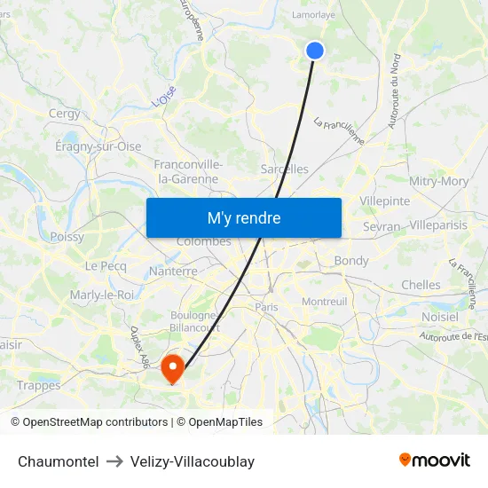 Chaumontel to Velizy-Villacoublay map