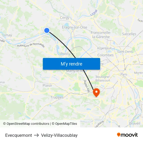 Evecquemont to Velizy-Villacoublay map