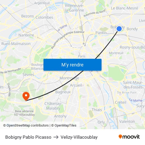 Bobigny Pablo Picasso to Velizy-Villacoublay map