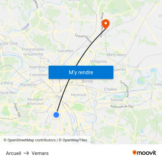 Arcueil to Vemars map