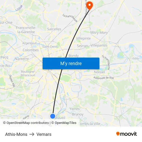 Athis-Mons to Vemars map