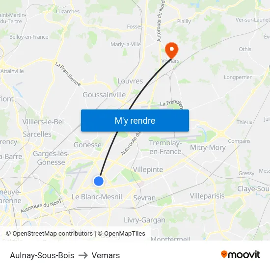 Aulnay-Sous-Bois to Vemars map
