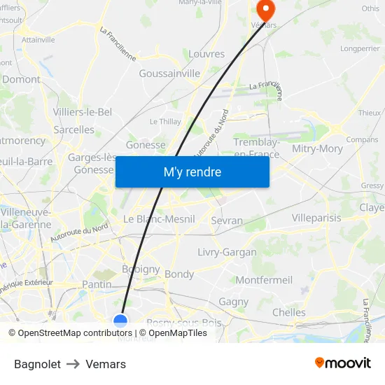Bagnolet to Vemars map