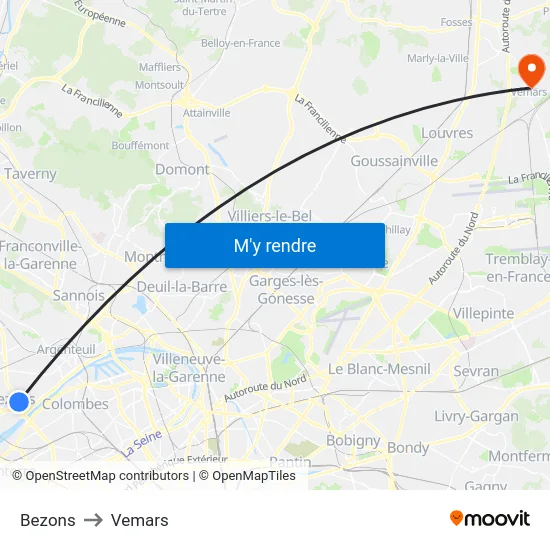 Bezons to Vemars map