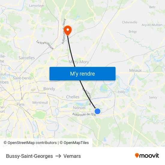 Bussy-Saint-Georges to Vemars map