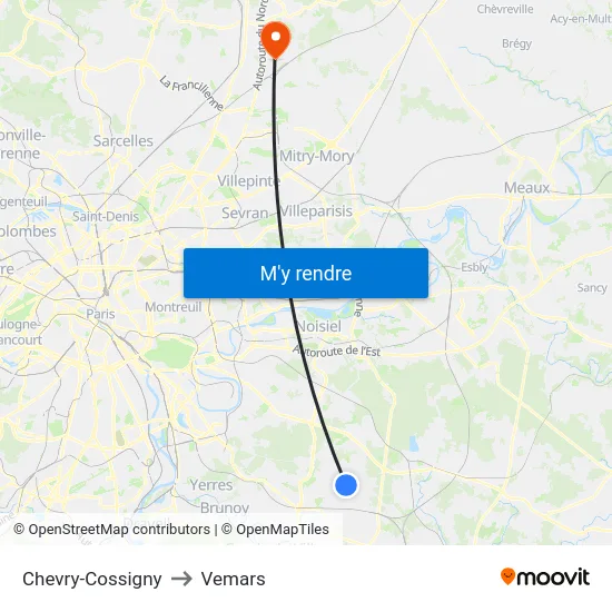 Chevry-Cossigny to Vemars map