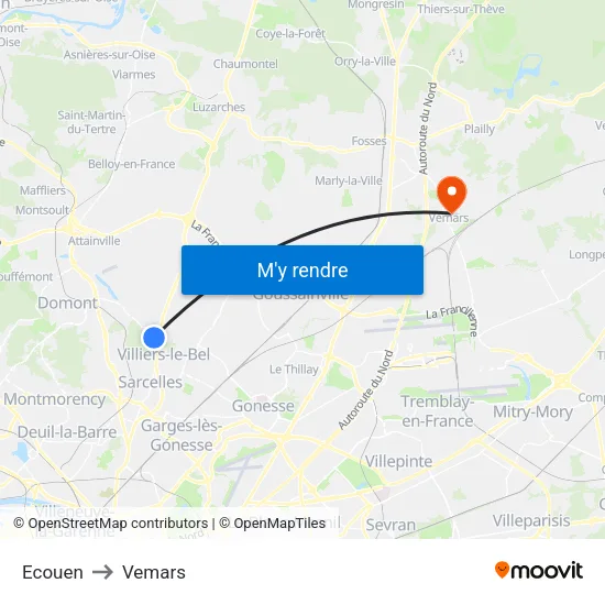 Ecouen to Vemars map