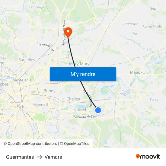 Guermantes to Vemars map