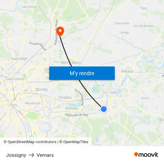 Jossigny to Vemars map