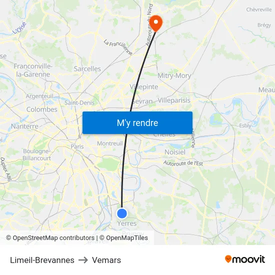 Limeil-Brevannes to Vemars map