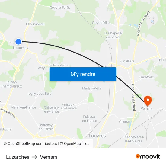 Luzarches to Vemars map