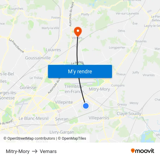 Mitry-Mory to Vemars map
