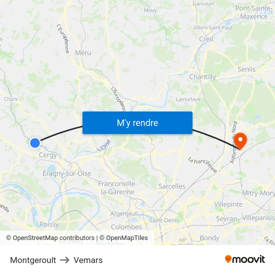 Montgeroult to Vemars map