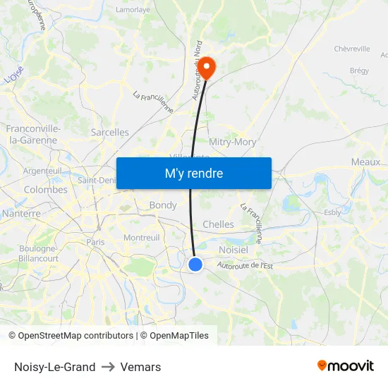Noisy-Le-Grand to Vemars map