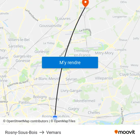 Rosny-Sous-Bois to Vemars map