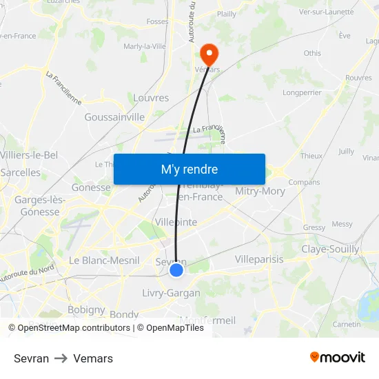 Sevran to Vemars map