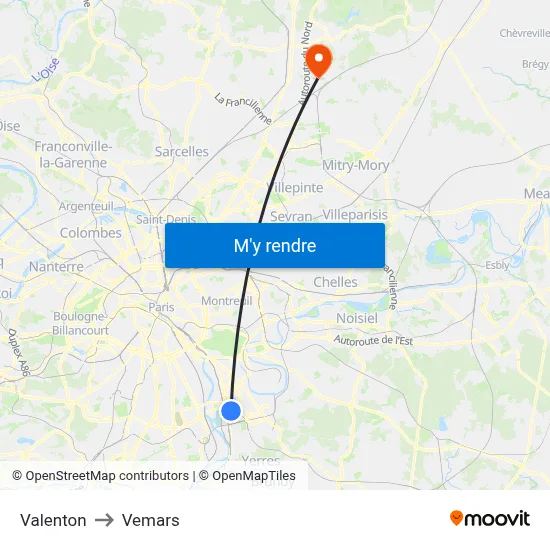 Valenton to Vemars map