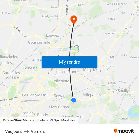 Vaujours to Vemars map