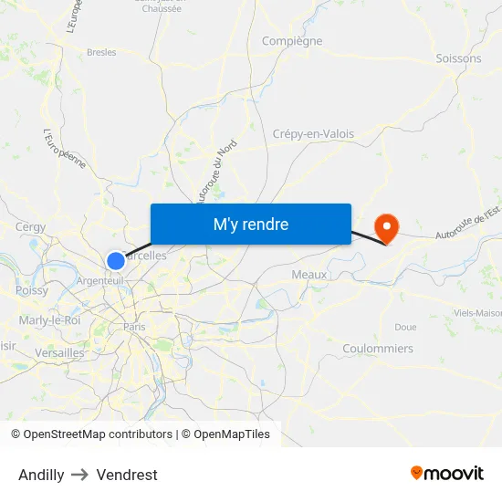 Andilly to Vendrest map