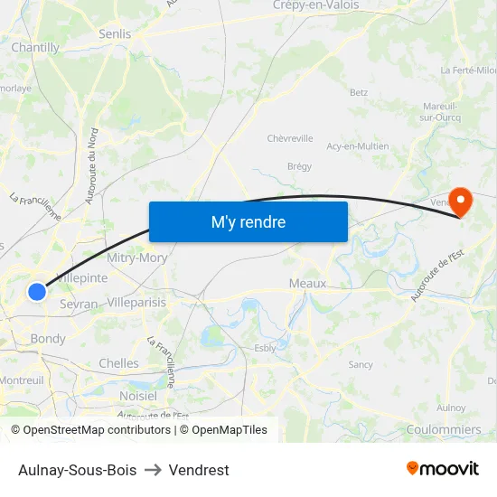 Aulnay-Sous-Bois to Vendrest map