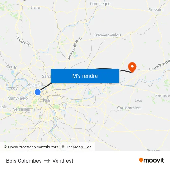 Bois-Colombes to Vendrest map