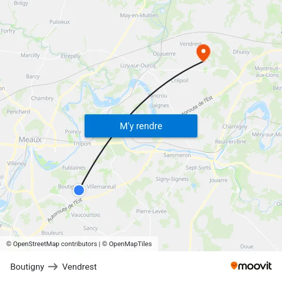 Boutigny to Vendrest map
