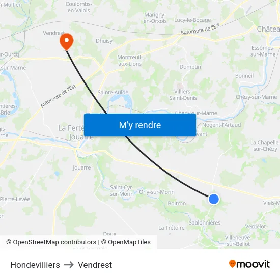 Hondevilliers to Vendrest map
