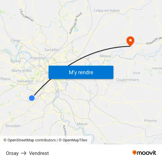 Orsay to Vendrest map