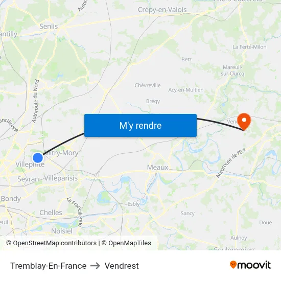 Tremblay-En-France to Vendrest map