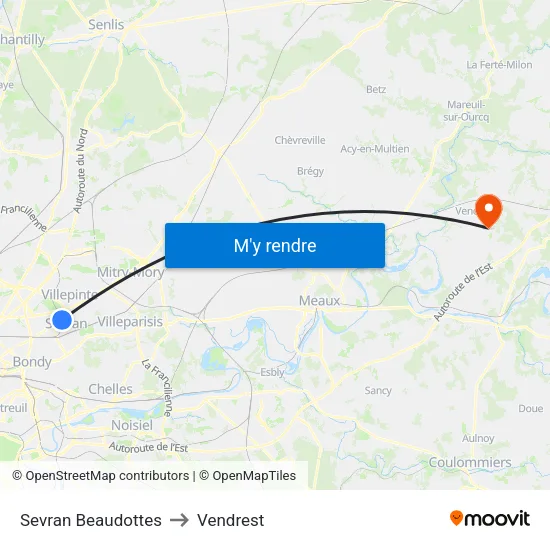 Sevran Beaudottes to Vendrest map