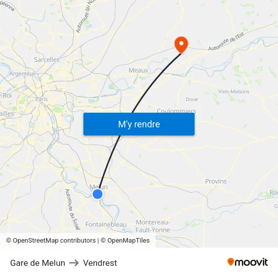 Gare de Melun to Vendrest map