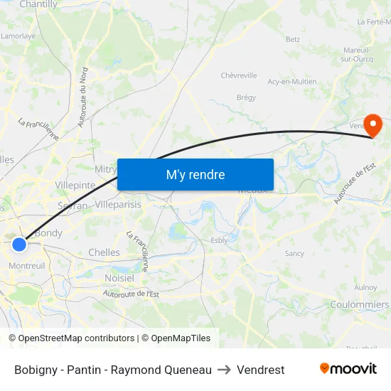 Bobigny - Pantin - Raymond Queneau to Vendrest map
