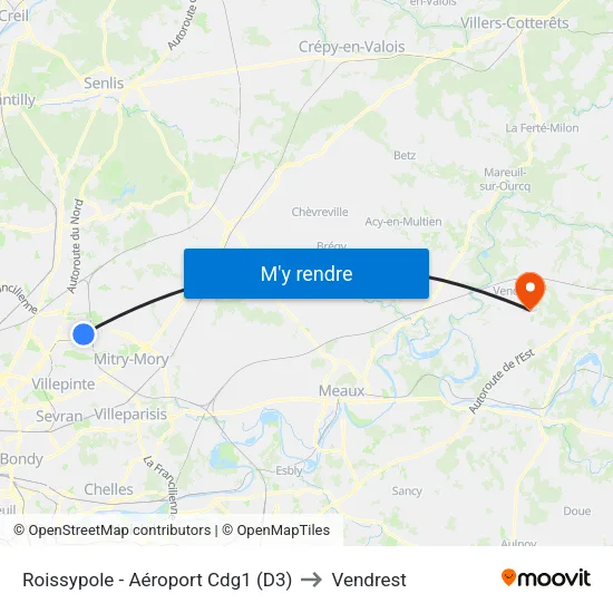 Roissypole - Aéroport Cdg1 (D3) to Vendrest map