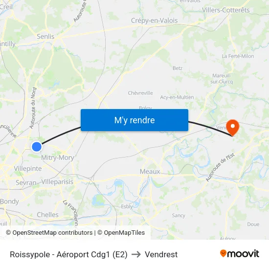 Roissypole - Aéroport Cdg1 (E2) to Vendrest map