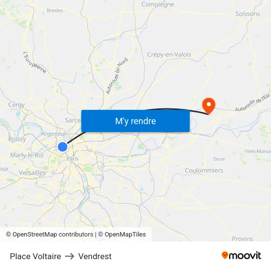 Place Voltaire to Vendrest map