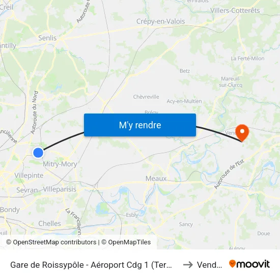 Gare de Roissypôle - Aéroport Cdg 1 (Terminal 3) (G2) to Vendrest map