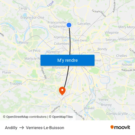 Andilly to Verrieres-Le-Buisson map