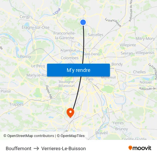 Bouffemont to Verrieres-Le-Buisson map