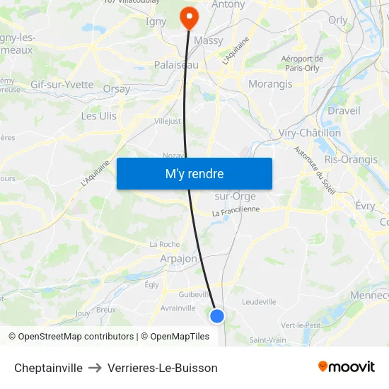 Cheptainville to Verrieres-Le-Buisson map