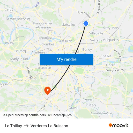 Le Thillay to Verrieres-Le-Buisson map