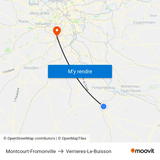 Montcourt-Fromonville to Verrieres-Le-Buisson map