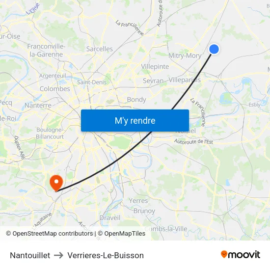 Nantouillet to Verrieres-Le-Buisson map