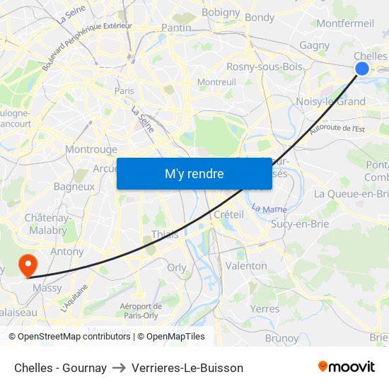 Chelles - Gournay to Verrieres-Le-Buisson map