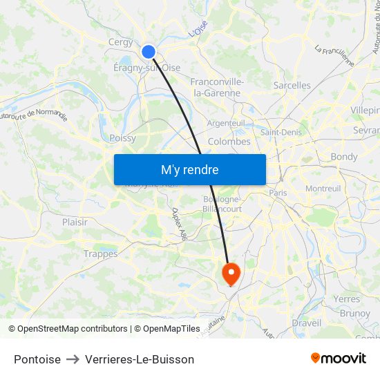 Pontoise to Verrieres-Le-Buisson map